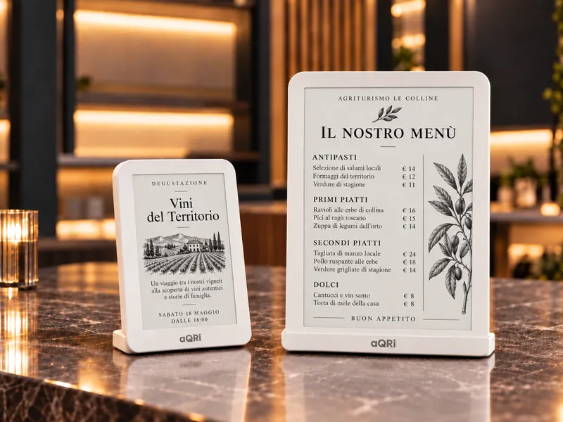 Due display aQRi Ink su un bancone: la carta dei vini e il menù del giorno