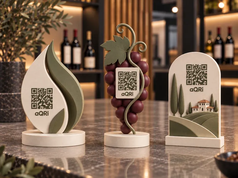 aQRi Custom: supporti scolpiti a forma di foglia, grappolo d'uva e collina toscana