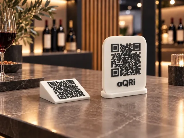 aQRi Display: supporto verticale e supporto inclinato con QR Code su un bancone in marmo